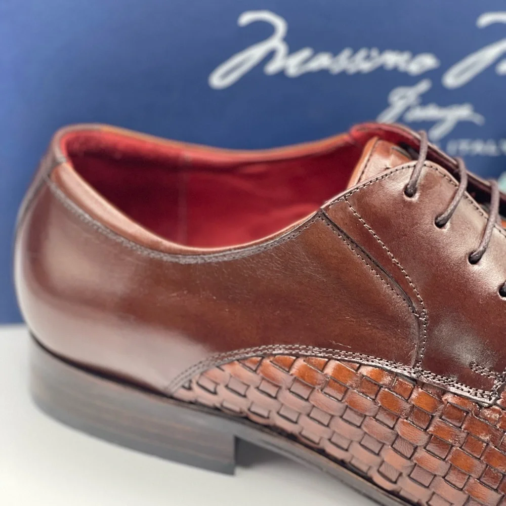 MASSIMO MATTEO WOVEN BROWN LEATHER‎ LACE-UP MOC TOE WINGTIP SHOE (SIZE 9.5)